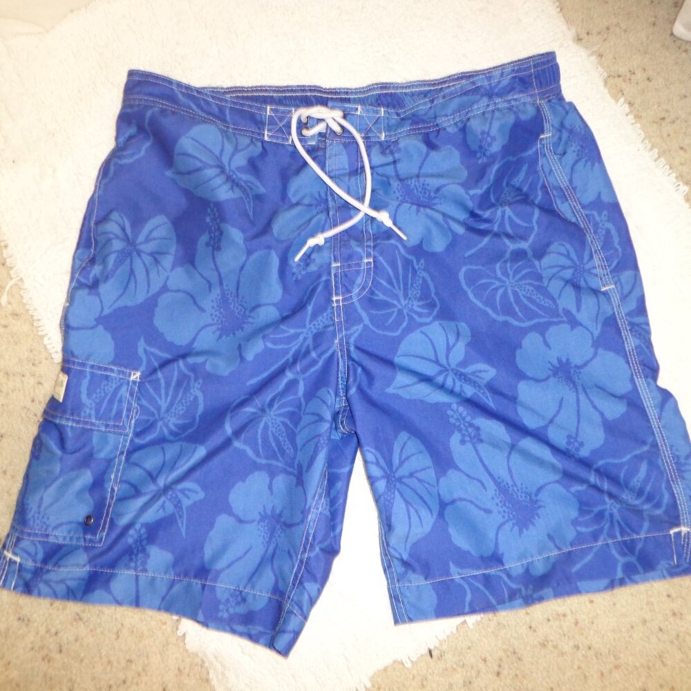 CHAPS Mens Board Swim Shorts L Mesh Lining Waist Tie Cargo Pocket Tropical Blue